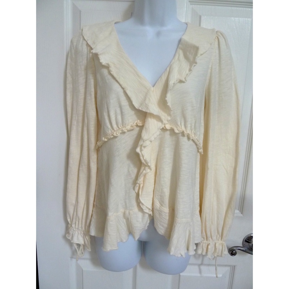 Anthropologie Cream Cotton Ruffle Babydoll Blouse Tie Sleeve Small